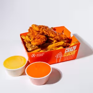 Atomic Wings chicken tenders, fries and dipping sauces